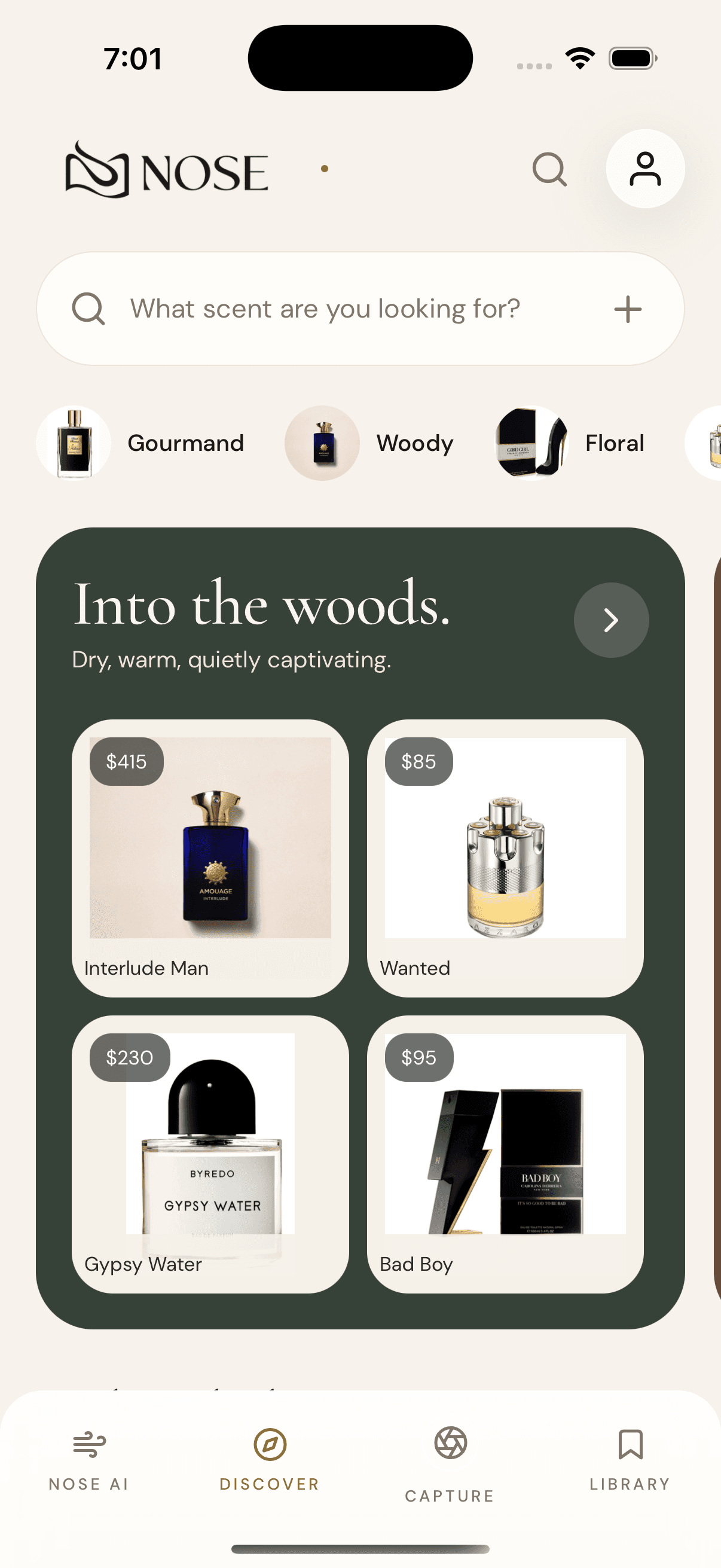 Nose AI Discover screen showing fragrance families and discovery collections
