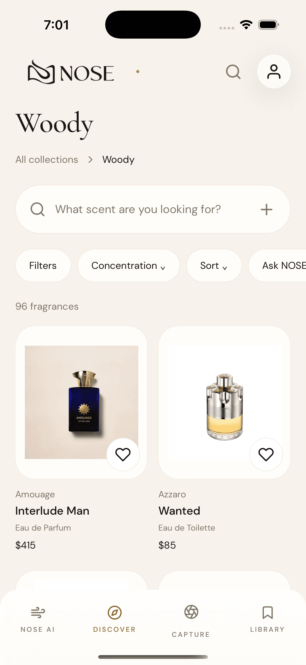 Nose AI’s Woody fragrance collection with real bottle images and product cards